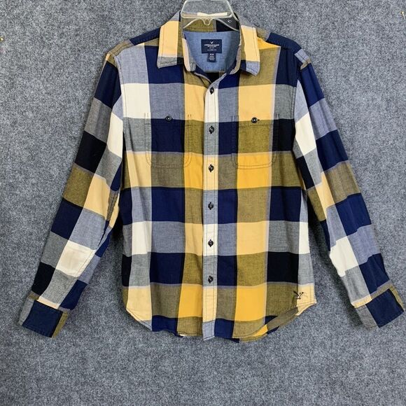 American Eagle Outfitters Button Up Shirt Men M Block Plaid Navy Gold Classic - Picture 1 of 15